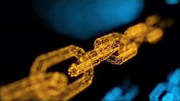Blockchain crypto currency connected multi-function blue chain particle closeup Yellow chain	