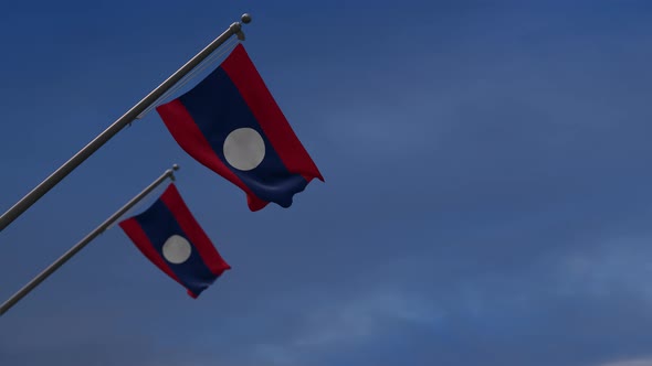 Laos  Flags In The Blue Sky - 4K