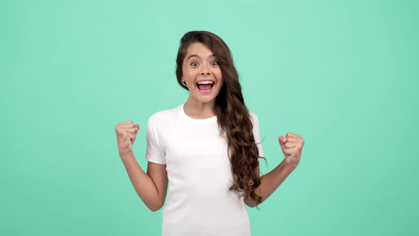 Portrait of Happy Child Long Curly Hair Celebrate Success Happiness alt