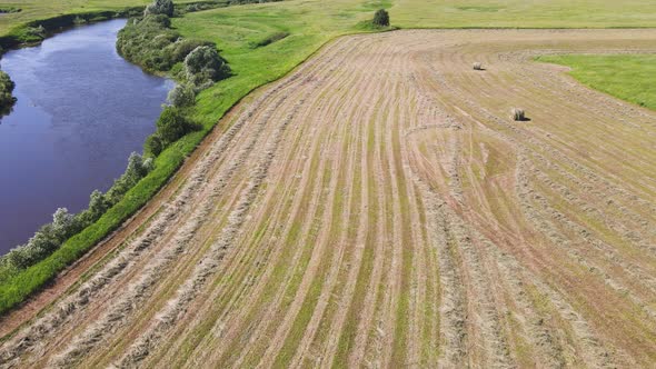Agricultural Field with Bales of Straw Next to the River Aerial View alt