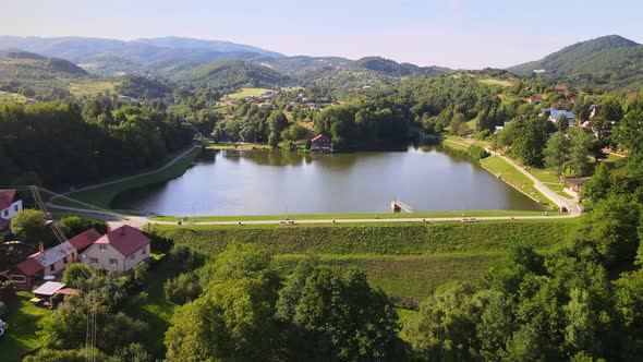 Aerial view of a water reservoir in Nova Bana, Slovakia alt