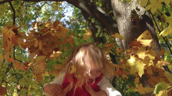 Against Background of Blue Sky and Golden Leaves Little Happy Girl Flies Up alt