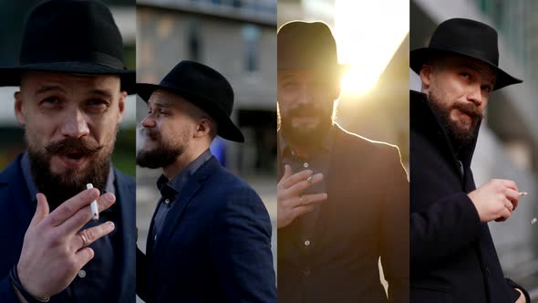 Handsome Hipster is Posing on City Street in Evening Smoking Cigarette Collage alt