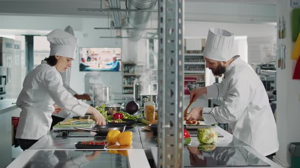People Cooking Professional Food Recipe in Restaurant Kitchen alt