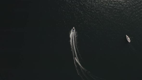 Drone View of Speedboat with Towable Buoy