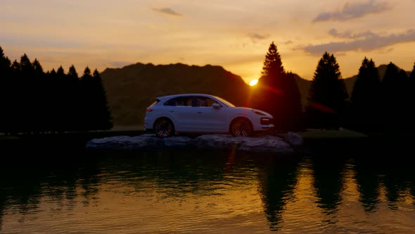 White Luxury Off-Road Vehicle Standing on Rocks at Sunset