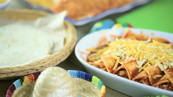 Homemade chicken enchiladas garnished with green onions and cilantro in a white casserole dish. alt