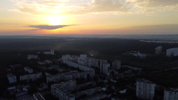 Aerial Kharkiv city, Pavlove Pole district sunrise