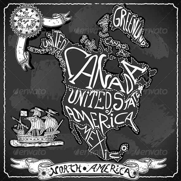 North America Map Vintage Handwriting Blackboard - Backgrounds Decorative