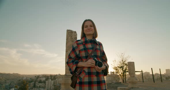 Portrait of Female Tourist Visiting Amman Citadel Landmark in Capital of Jordan