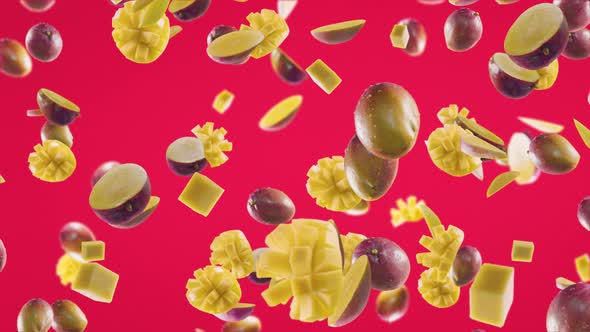 Mango with Slices Falling on Fuchsia Background alt
