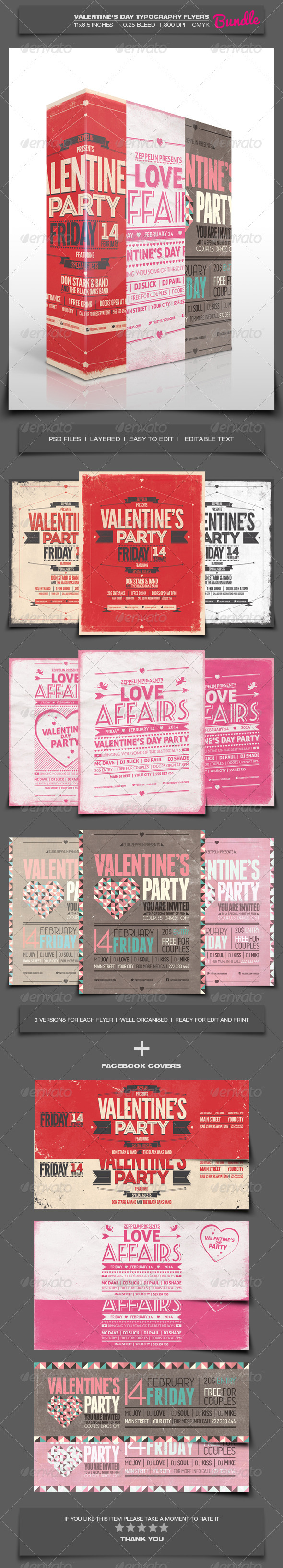 Valentine's Day Party Typography Flyers Bundle - Holidays Events