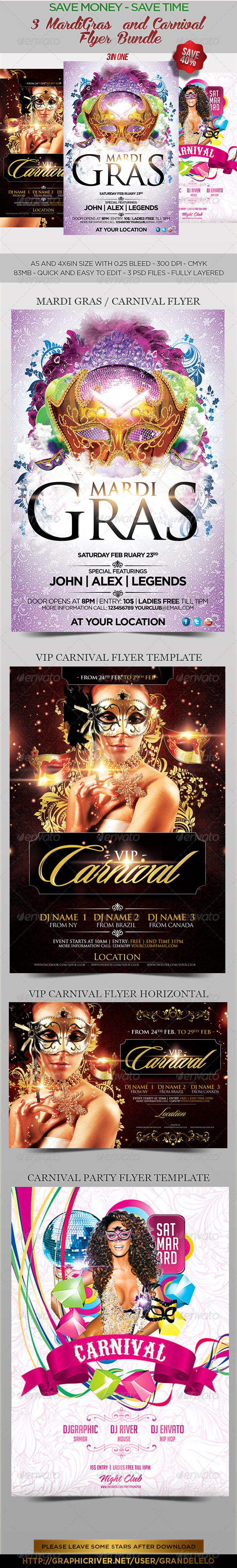 3 MardiGras n Carnival Flyer Bundle - Events Flyers