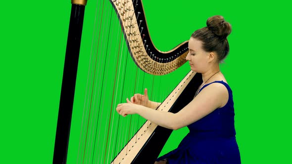 Young Attractive Woman In Blue Dress Playing Harp On Green Screen