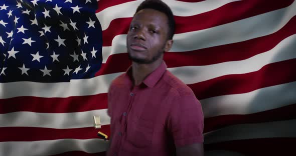 Happy Black Guy Near USA Flag and 4Th July Independence Day Inscription alt