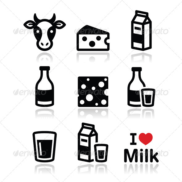 Dairy Products - Milk, Cheese Vector Icons Set - Food Objects