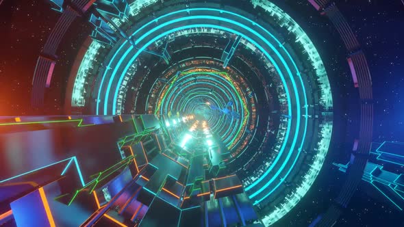 Futuristic technology space tunnel, sci-fi corridor. Cinematic camera move.