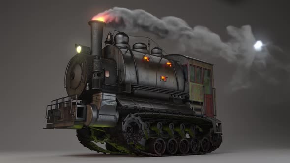 Steam Locomotive With Crawler Track. Smoke Billows From The Chimney alt