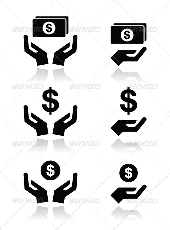 Hands with Dollar Banknote, Coin Vector Icons Set - Concepts Business