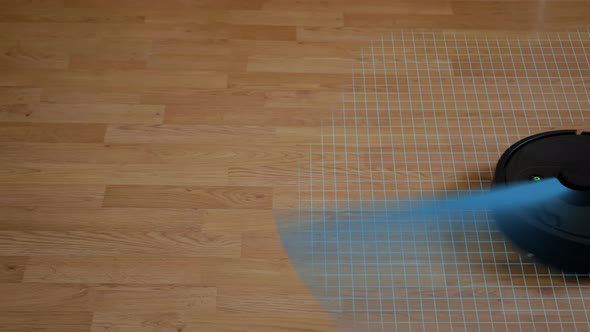 Room Scan Animation of Black Robot Vacuum Cleaner Turns on and Starts Cleaning the Floor alt