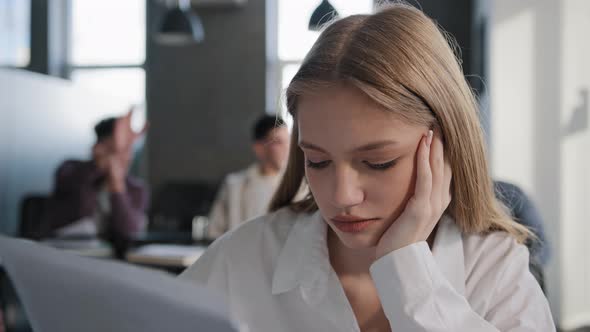 Closeup Young Caucasian Upset Girl Student Sitting Alone in Classroom at Desk Suffering From Abuse alt