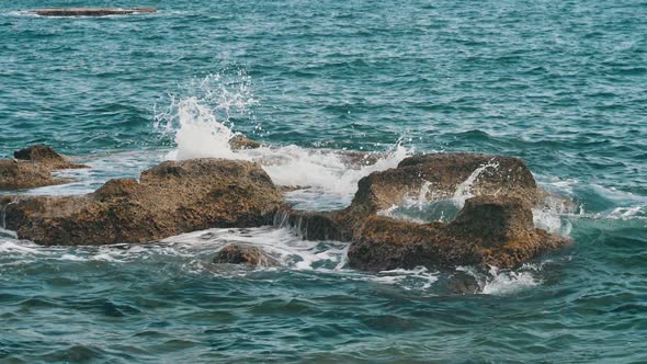The Mediterranean Sea Coast with Big Stones in Turkey in Summer in Slo-mo  
