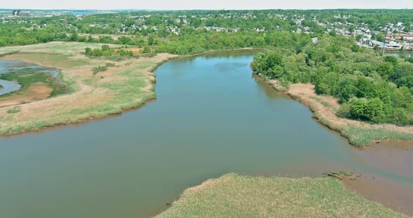 Panorama View of Beautiful Landscape Small River Near American Small Town Sayreville New Jersey USA alt