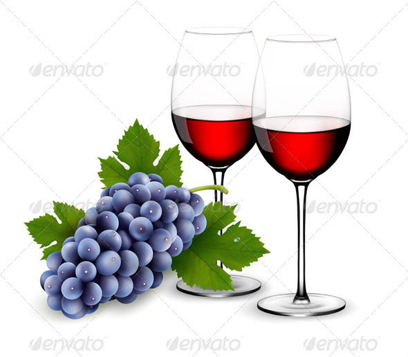 Two Glasses of Red Wine with Grapes - Food Objects