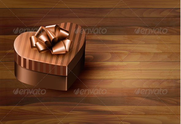 Heart-Shaped Gift Box on Wooden Background - Valentines Seasons/Holidays