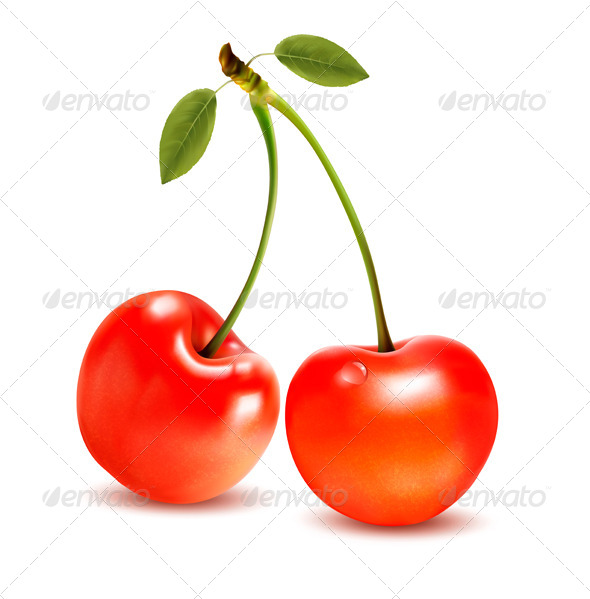 Ripe Red Cherry Berries with Leaves - Food Objects