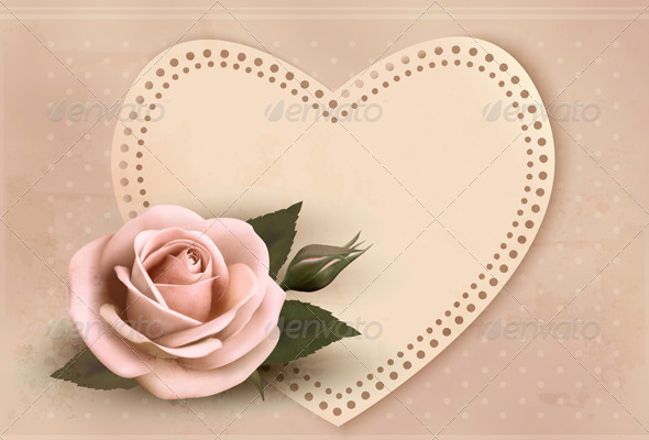 Retro Greeting Card with Pink Rose and Heart - Valentines Seasons/Holidays