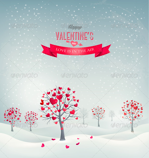 Holiday Retro Background Valentine Trees with Hearts - Valentines Seasons/Holidays