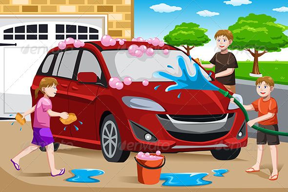 Father and his Kids Washing Car - People Characters