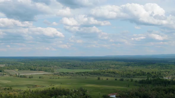 Panoramic View From the Drone of a Beautiful Valley with Forest and Fields