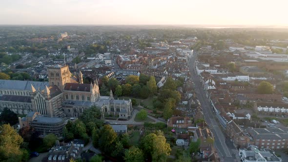 Sunrise Aerial View of the City of St Albans and its Cathedral in England alt