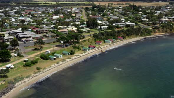 AERIAL Over Township Of Indented Head Coastal Beach, Australia alt
