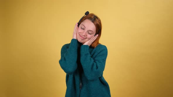 Young Red Hair Woman Posing Isolated on Yellow Color Background Studio alt