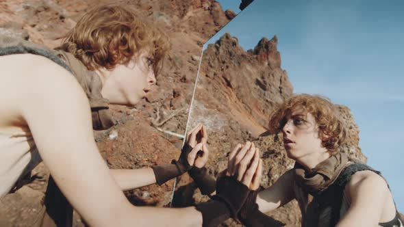 Exhausted Woman Looking in Mirror in Post Apocalyptic World alt