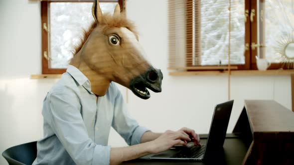 Business Man with Horse Mask Working at Home Office Video Call alt