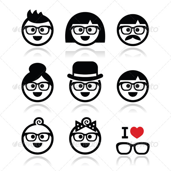 People wearing Glasses, Geeks Icons Set - People Characters