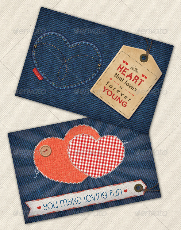 Valentine's Cards on Denim - Cards & Invites Print Templates