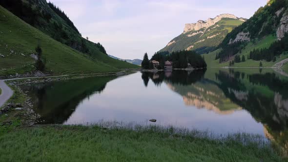 Flying Over the Seealpsee Lake in the Appenzell Alps, Switzerland alt