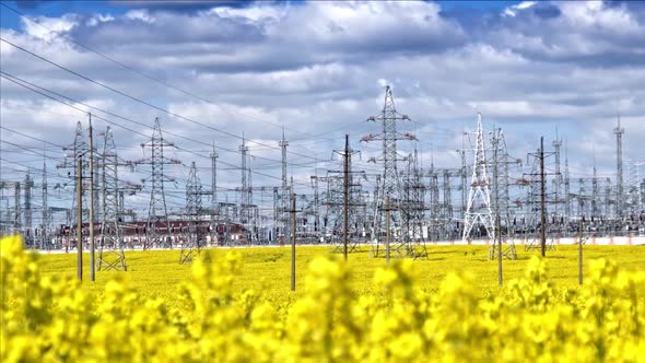 Power Plant And Rapeseed Field At The Foreground