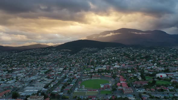 Sunset from Queen's Domain over Hobart with Mt Wellington, Tasmania Aerial Drone 4K