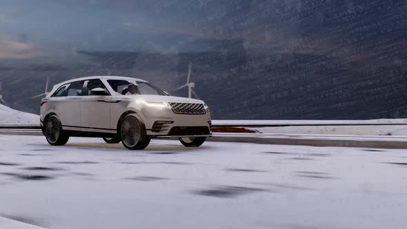 White Luxury SUV on Snowy Long Road