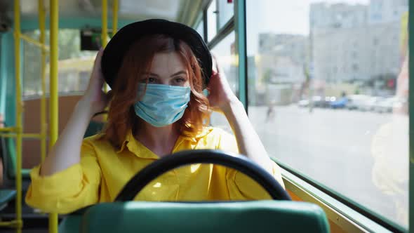 Health Care, Young Female Passenger Wearing Hat with Glasses and Medical Mask To Protect Against