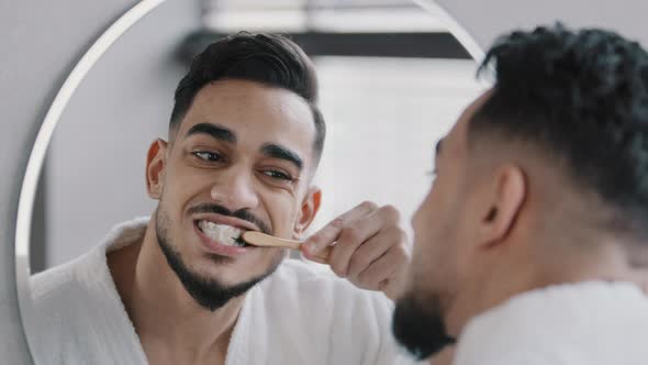 Male Reflection in Mirror in Bath Bearded 30s Man Bearded Guy Boy Brushing Healthy Teeth with alt