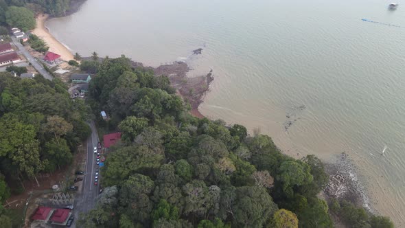 Aerial view of forest Reserve, private bay and beach in Teluk Kemang, Negeri Sembilan