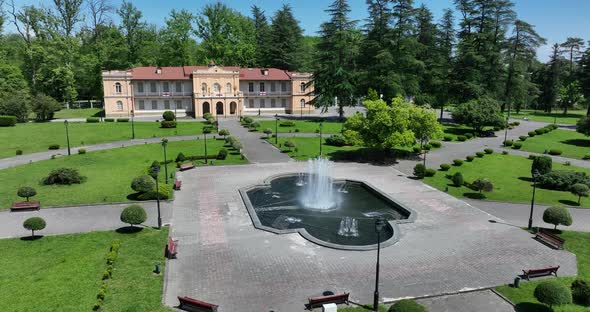 Zugdidi, Georgia - May 30 2022: Aerial view of Dadiani Palace in the center of Zugdidi city alt