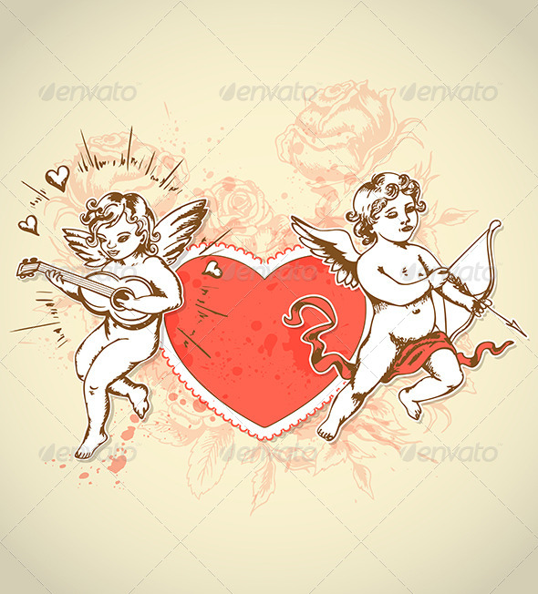 Valentine Card with Cupids - Valentines Seasons/Holidays